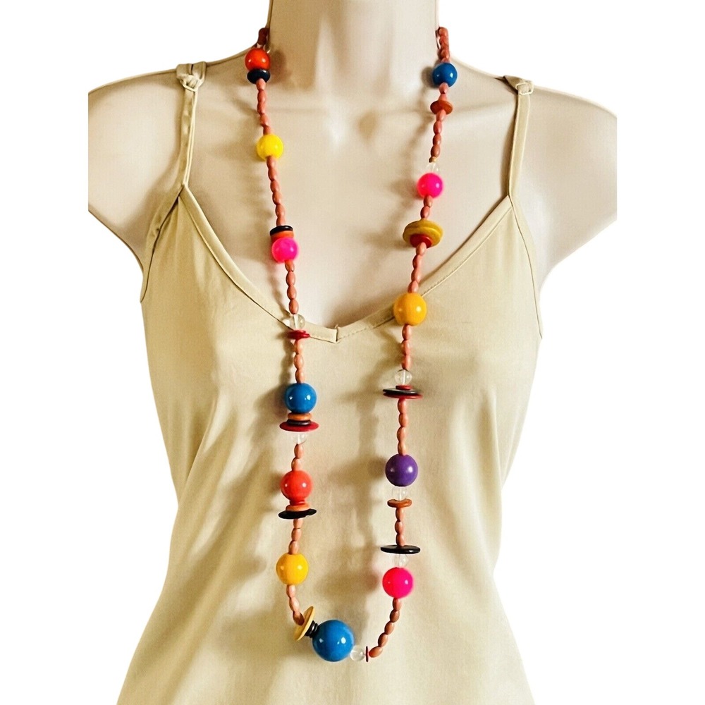 Vtg‎ Necklace Fun Flashy Lucite wood chunky Beads Colorful Statement beaded 42"L